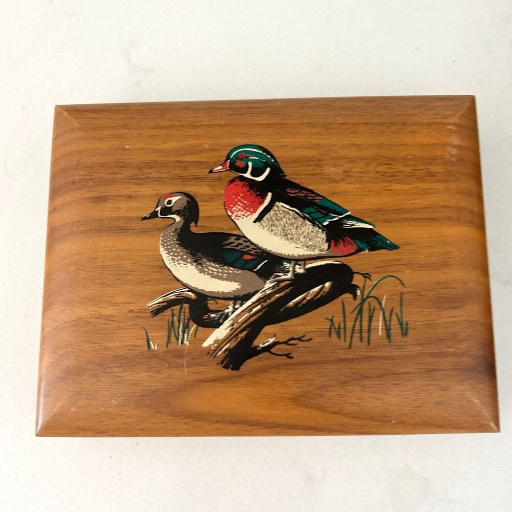Vintage Wood trinket box with painted Mallard Ducks